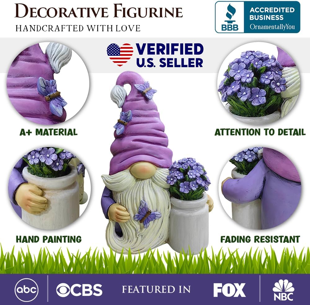 OrnamentallyYou Garden Grace Lavender Gnome Figurine, 10" Purple Home Decor Statue with Butterflies and Flowers