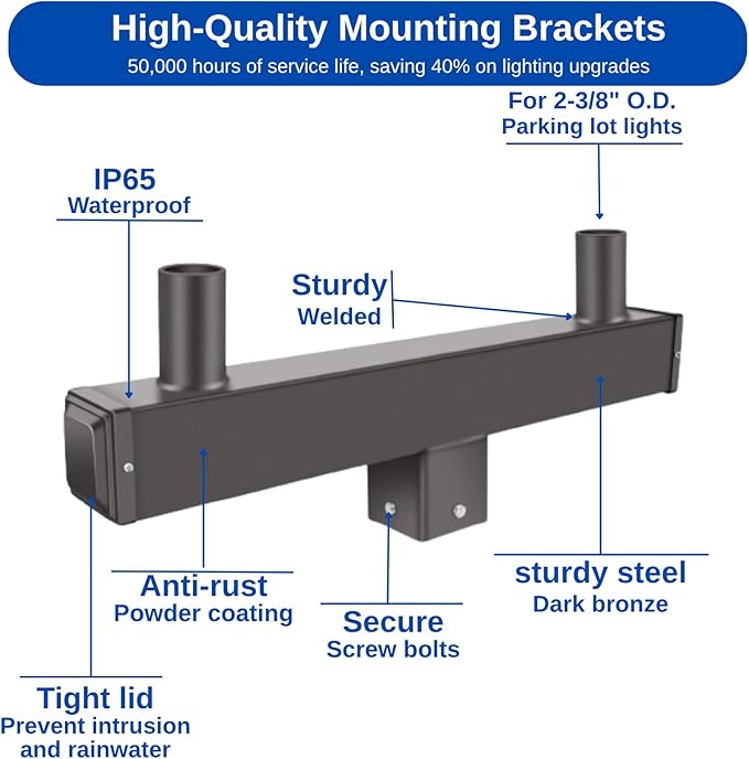 Double Bullhorn Mounting Bracket Tenon, with 2 Tenons 2-3/8" for 4in Square Pole Mounting Arm for Parking Lot Light Street Area Slip Fitter Lights Mount Low Profile Sturdy Heavy Duty