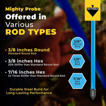 T&T Tools 42-Inch Mighty Probe Insulated Metal Soil Probe – 3/8" Metal Round Rod, Heavy Duty Design for Easy Penetration & Withdrawal, Soil Testing & Landscaping Tools, T-Handle, USA-Made-1 Pack