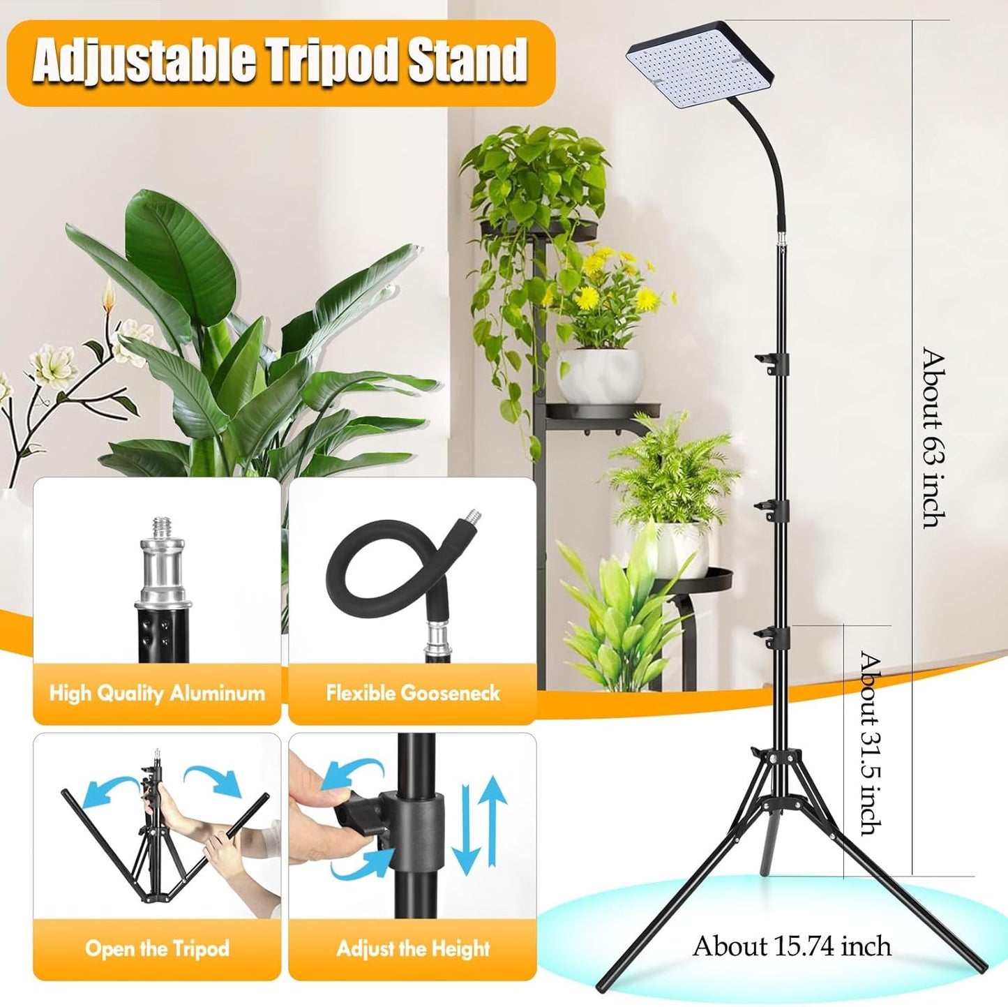 Grow Light with Tripod Stand and Timer, Sunlight Full Spectrum Grow Lights for Seed Starting, 25W 2000Lm LED Growing Lamps for Tall Plants, Bonsai Tree, Height Adjustable 12"-48"