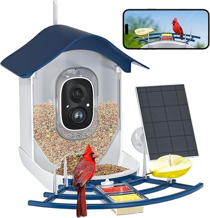 Smart Bird Feeder with Camera, 2K HD AI Identify Birds Species, Bir d Watching Camera with Solar Panel, Auto Capture Bird Videos & Instant Notifications, Ideal Present for Bir d Lover,Dark Blue