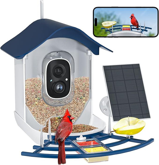 Smart Bird Feeder with Camera, 2K HD AI Identify Birds Species, Bir d Watching Camera with Solar Panel, Auto Capture Bird Videos & Instant Notifications, Ideal Present for Bir d Lover,Dark Blue