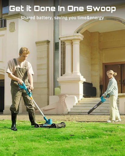 SEESII Electric String Trimmer and Leaf Blower Combo Kit, 3 in 1 Cordless Weed Wacker Grass Eater with 1.3"/2.1" Height, Battery 12" Lawn Mower & Rotary Handheld Blower with 5-Speed for Yard Lawn
