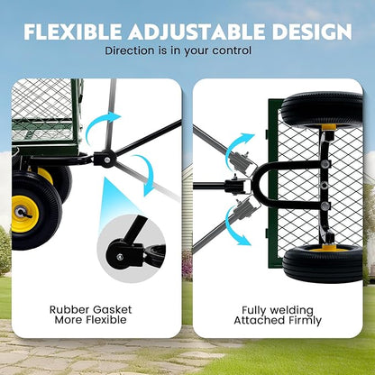 Steel Garden Cart, 2-in-1 Heavy Duty Utility Wagon 900 LBS Capacity Carts with Removable Mesh Sides to Convert into Flatbed, 240° U-Turn 10" Pneumatic Tires Garden Wagon for Lawn Camping Farm Yard