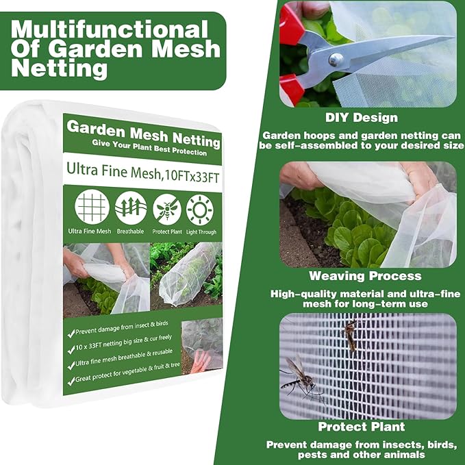 Garden Mesh Netting Kit, 10x33FT Ultra Fine Mesh Netting with 6 Sets Fiberglass Garden Hoops & 24 Clips for Raised Beds Vegetable Flowers Protection Barrier Plant Covers Net