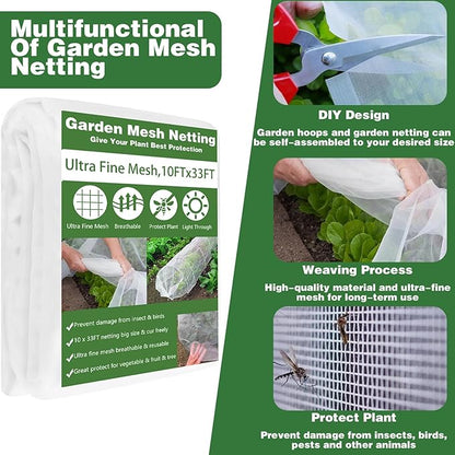 Garden Mesh Netting Kit, 10x33FT Ultra Fine Mesh Netting with 6 Sets Fiberglass Garden Hoops & 24 Clips for Raised Beds Vegetable Flowers Protection Barrier Plant Covers Net