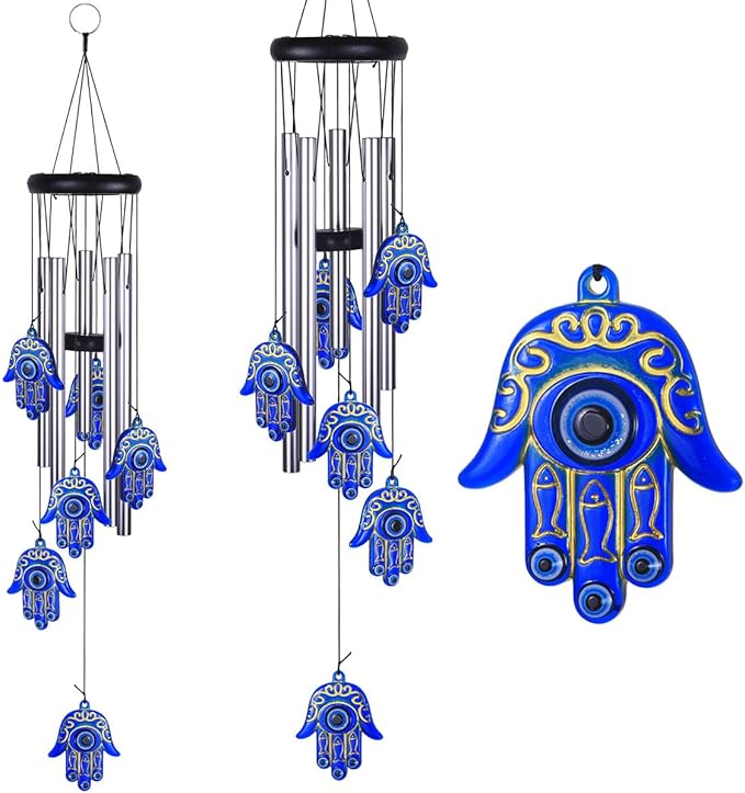 Blue Evil Eye Hamsa Hand Wind Chimes Outdoor Decoration, Hand of Fatima Windcatcher, Evil Eye Wind Bells, Hand of Fatima Blue Evil Eye Amulet Wind Chimes for Home, Gift for Mom, Balcony, Patio, Garden