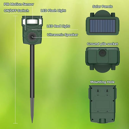 2025 Upgraded Solar Ultrasonic Animal Repellent Outdoor – Motion Activated Deer, Squirrel, Cat, Raccoon, Dog & Bird Ultrasonic Sweep for Yard, Garden, Farm, 2PC
