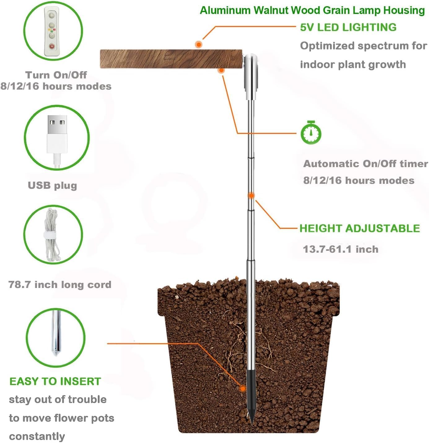 Plant Grow Light,yadoker LED Growing Light Full Spectrum for Indoor Plants, Paired with a Soil Tester,Height Adjustable, Automatic Timer, 5V Low Safe Voltage,Idea for Large Plant Light