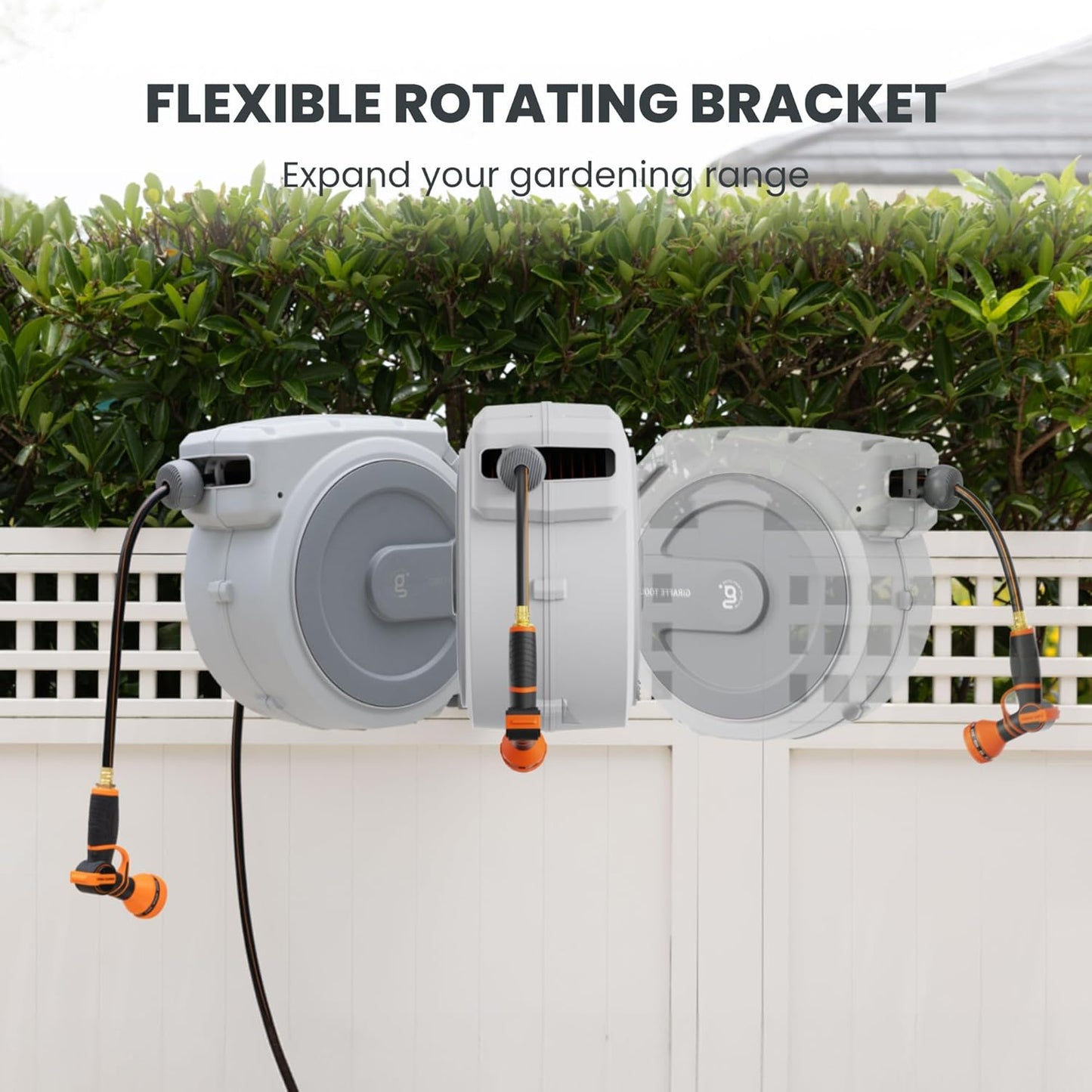 Giraffe Tools Heavy Duty Retractable Garden Hose Reel 1/2 130 FT, Wall Mounted with 9 Pattern Nozzle & Detachable Leader Hose, 180° Swivel Bracket, Any Length Lock, Commercial Grade (Light Grey)