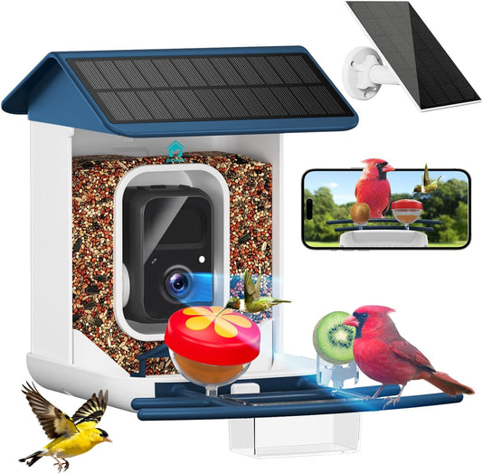 Smart Bird Feeder with Camera-AI Identify 11,000+ Species, 2K HD Auto Capture Birds Video & 64G TF Card, Solar-Powered Wireless Outdoor Design, Birdhouse with Built-in Two-Way Microphone