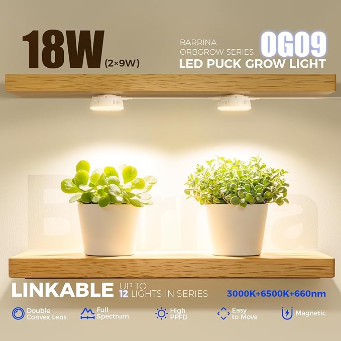 Barrina Orbgrow OG09 Puck Grow Light with Timer, 660nm Red LEDs 18W(2 x 9W, 270 Watt Equiv), Full Spectrum Plant Light for Indoor Plant, Magnetic & Linkable, 5 Levels Dimmable for Plant Shelf, 2 Packs