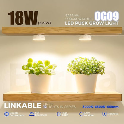 Barrina Orbgrow OG09 Puck Grow Light with Timer, 660nm Red LEDs 18W(2 x 9W, 270 Watt Equiv), Full Spectrum Plant Light for Indoor Plant, Magnetic & Linkable, 5 Levels Dimmable for Plant Shelf, 2 Packs