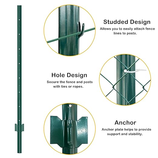Metal Fence Post 5feet, Heavy Duty Garden Fence Post for Holding Wire Fence, Sign U Post Pack of 10 Sturdy Outdoor No Dig Fence Post for Garden Yard – Green