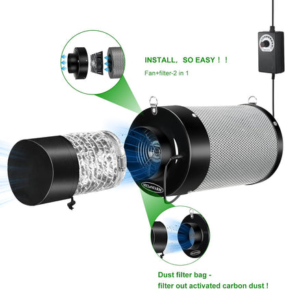 MELONFARM Air Filtration Kit 4", Built-in 14cm Fan Low Nois Carbon Filter with 12-Speed Controller, 8' Ducting & 6" Vent Cover, Cooling & Ventilation System for Grow Tents, Indoor Gardening 4"x12.2"