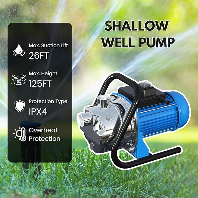 FOTING 1HP Portable Shallow Well Pump, 876GPH Garden Pump Stainless Steel, 125FT Jet Pumps, Water Pressure Booster Pumps, Water Transfer Lawn Draining Sprinkler Garden Irrigation
