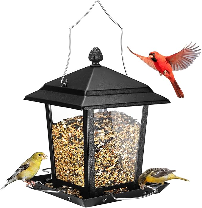 Veehoo Metal Bird Feeder for Outdoor Hanging-Wild Bird Feeder with 4 Perches, Guard Booth Bird Seed Feeder for Outside Garden Backyard Attracting Wild Birds Chickadees Cardinals Finches Black