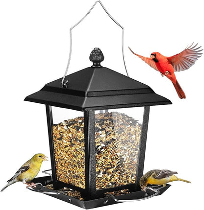 Veehoo Metal Bird Feeder for Outdoor Hanging-Wild Bird Feeder with 4 Perches, Guard Booth Bird Seed Feeder for Outside Garden Backyard Attracting Wild Birds Chickadees Cardinals Finches Black