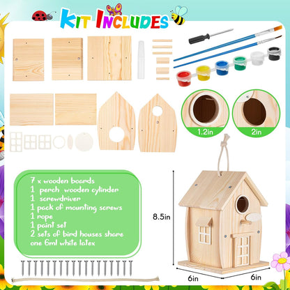 Liliful 2 Pack DIY Unfinished Wooden Birdhouse Craft Wooden Painting Kit with Paint and Paintbrushes for Boy or Girl Classroom Activity and Christmas Kids Craft Gifts(Rural Style)