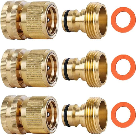 Garden Hose Quick Connectors, Solid Brass 3/4 inch GHT Thread Easy Connect Fittings No-Leak Water Hose Male Female Value Pack (3)