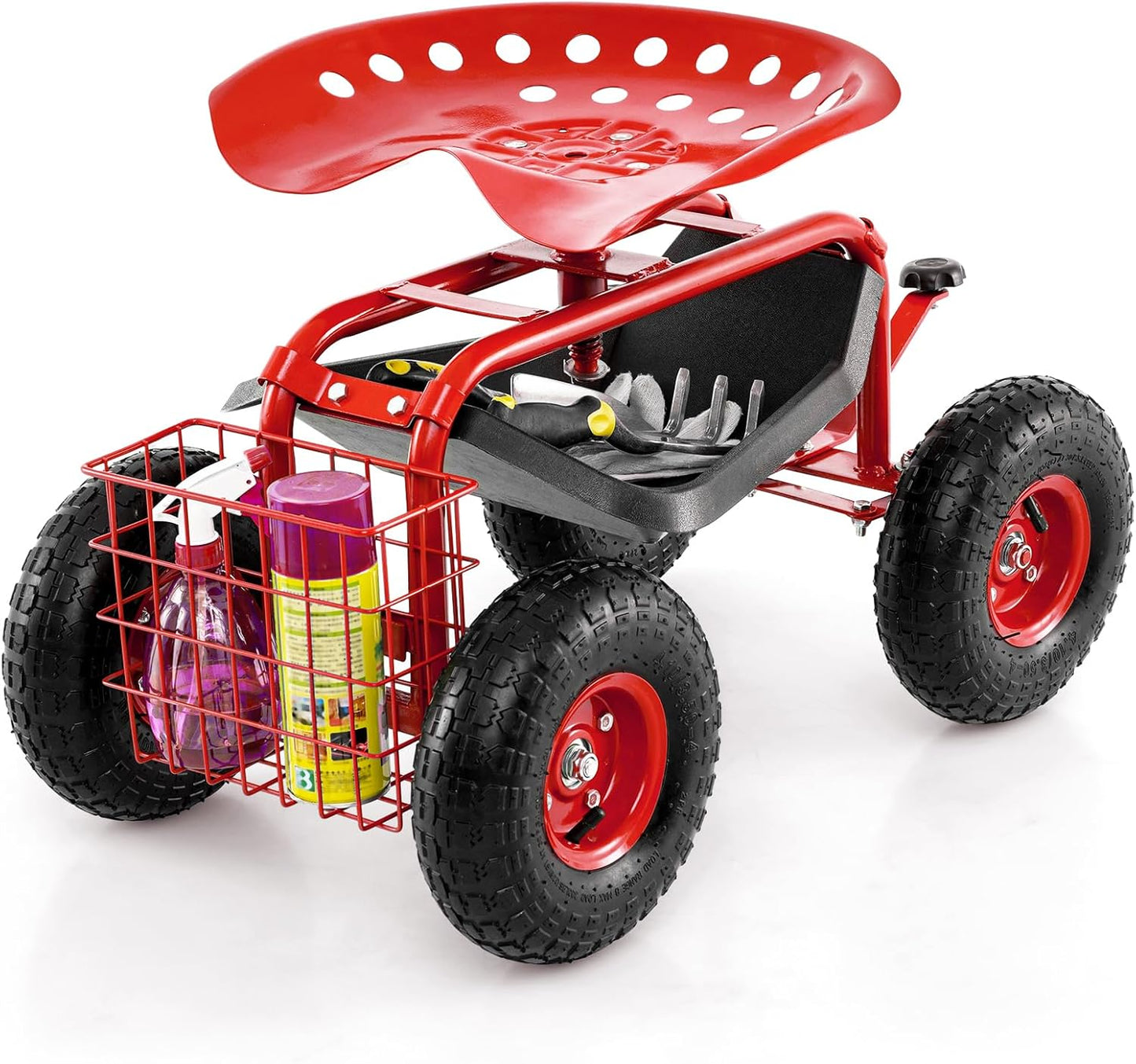 Giantex Garden Workseat, 360 Swivel Rolling Seat with Wheels, Tools Basket, Gardening Cart with Seat, Adjustable Height, Wagon Scooter for Patio Lawn Yard, Outdoor Steerable Stool (Red)