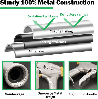 AUTOMAN Garden Hose Nozzle Sprayer - High Pressure 100% Metal Water Spray Nozzle With 4 Patterns - Heavy Duty for Watering Plants, Lawns, Washing Cars & Pets