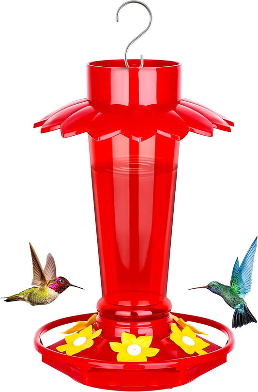 Plastic Hummingbird Feeders for Outdoors Hanging, 10 OZ Red Humming Bird Feeder with 6 Feeding Ports and Perch, Built-in Ant Moat, Gifts for Women Garden Decor, 1 Pack
