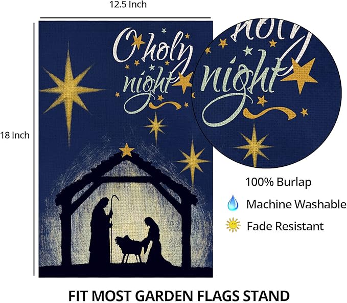Christmas Oh Holy Night Garden Flag 12x18 Double Sided,Nativity with Star of Bethlehem Small Yard Flag,Seasonal Christ Winter Decors for Xmas Farmhouse Outside Outdoor