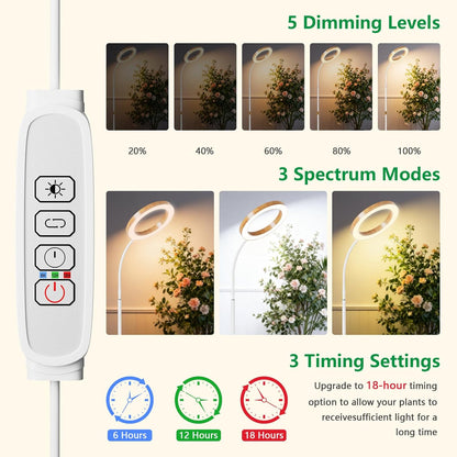 Full Spectrum Grow Light with Stand for Indoor Plants, Floor Plant Light, 6/12/18H Timer, 3 Color Modes, Adjustable Height 16.5–68in, for Large Plants & Home Décor(2 Heads,Faux Wood Grain)