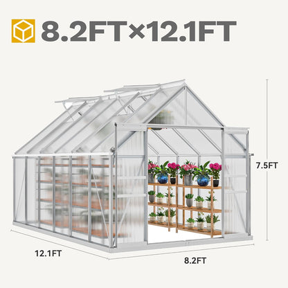 DWVO 8x12FT Polycarbonate Greenhouse Heavy Duty Green Houses Outdoor Aluminum Greenhouses with Sliding Doors Vent Window Walk-in Greenhouse Large Sun House for Garden Backyard, Matte Sliver