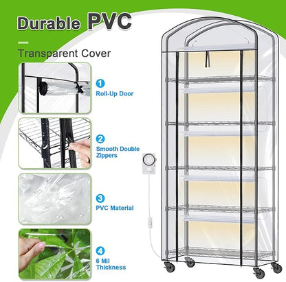 Abimars 5-Tier Greenhouse with Grow Light, Shelf Height Adjustable Metal Plant Shelf with PVC Cover and Wheels, Includes 5-Pack 2900K Full Spectrum Plant Lights, 13x29x73inch