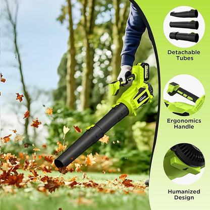 Leaf Blower Cordless, WOKEGI 21V 2 x 4.0Ah Batteries and Fast Charger, with 5-Speeds & Turbo Mode Electric Cordless Leaf Blower, Brushless,3 Tubes for Patio,Lawn,Yard,Garage,Blowing Leaves, Dust, Snow