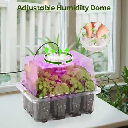 MIXC Seed Starter Kit with Grow Light, Elevated Seedling Tray Kit with Adjustable Humidity Dome and Clear Cell Tray, 12 Full Spectrum Led Beads for Seed Starting Greenhouse, 6 Pack, Transparent