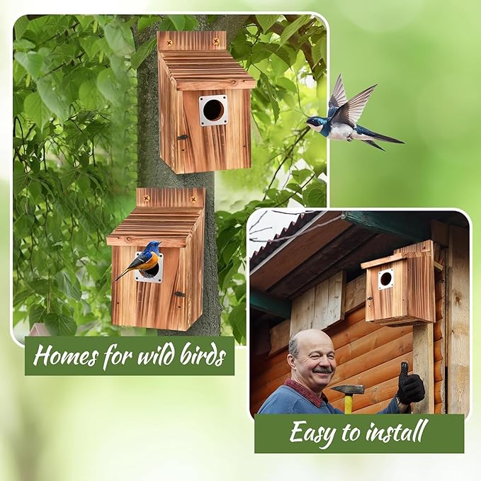 4-Piece Outdoor Bird House Set, Bird Houses for Outside with Metal Guards, Safety Locks, Flight Slots, & Ventilation, Bluebird Houses with 1-1/2" Entrance for Bluebirds, Wrens, Finches