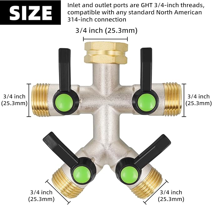 4 Way Hose Splitter, Brass High Flow Garden Hose Splitter Heavy Duty, Hose Connector, Water Spigot Splitter, Full Flow Faucet Splitter with shutoff, 3/4” GHT Inlet