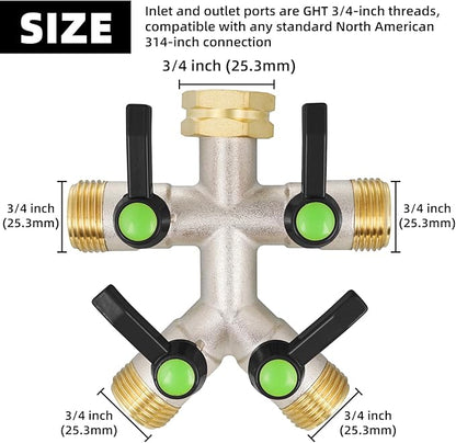 4 Way Hose Splitter, Brass High Flow Garden Hose Splitter Heavy Duty, Hose Connector, Water Spigot Splitter, Full Flow Faucet Splitter with shutoff, 3/4” GHT Inlet