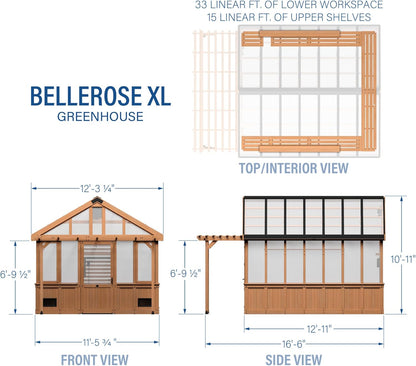 Backyard Discovery Bellerose XL 13' x 11' Cedar Wood and Polycarbonate Walk-in Greenhouse Kit with Pergola, Exhaust Fan, Windows, Hose Hook-Ups, PowerPort, Staging Shelves for Outdoor Gardening