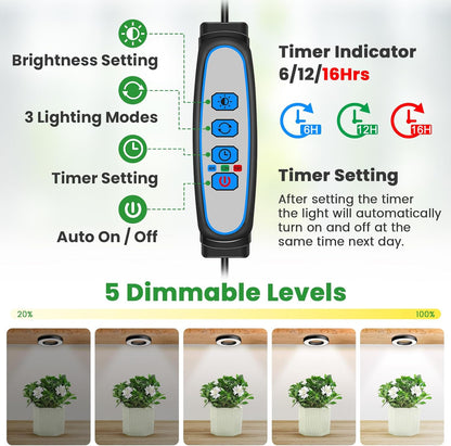 Wiaxulay Grow Lights for Indoor Plants, 48 LEDs Full Spectrum LED Plant Grow Light, Under Cabinet Grow Lamp with Auto Timer 6/12/16 Hrs, 3 Lighting Mode, 5 Brightness Levels, One Head (3.5in)