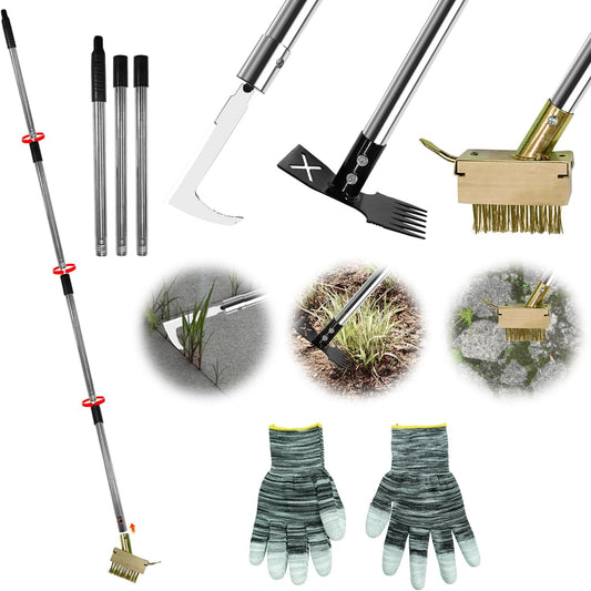 3-in-1 Multi-Function weed puller tool set: Crack Weeder, Moss Scraper Brush & Hoe Head, Interchangeable Heads with Adjustable Long Handle, Manual Weed Remover for Driveways, Patios & Garden Cracks
