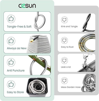 Cesun 10 FT Metal Garden Hose, Drinking RV Water Hose, Reinforced Metal Fittings, Dehumidifier Drain Hose Connector Extension, Reel Extender for Yard