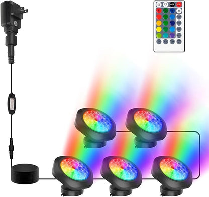 RGBW Pond Lights, 18 LED Super Bright Underwater Submersible Fountain Lights Color Changing Spotlights, 98ft Remote Control IP68 Waterproof for Fish Aquarium Tank Garden Yard Pool (Set of 5)