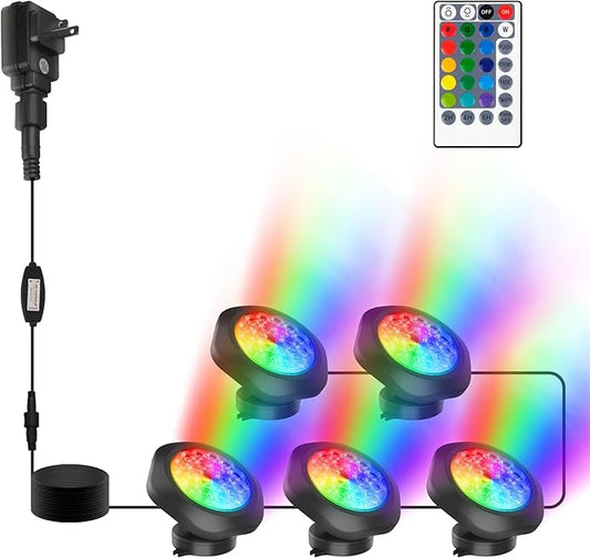 RGBW Pond Lights, 18 LED Super Bright Underwater Submersible Fountain Lights Color Changing Spotlights, 98ft Remote Control IP68 Waterproof for Fish Aquarium Tank Garden Yard Pool (Set of 5)