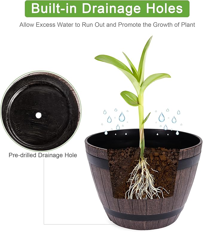 VECELO Plant Pots with Drainage Holes & Saucer, 9/11.3/13 Inch Flower Pots with Tray, 3 Pack Plastic Whiskey Barrel Planters for Indoor & Outdoor Garden Home Plants and Flowers