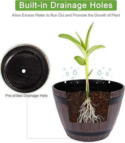 VECELO Plant Pots with Drainage Holes & Saucer, 9/11.3/13 Inch Flower Pots with Tray, 3 Pack Plastic Whiskey Barrel Planters for Indoor & Outdoor Garden Home Plants and Flowers