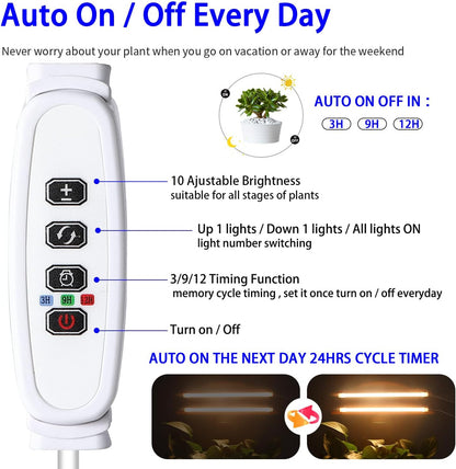 13 Inches Strip Growing Lamp for Indoor Plants, 3500K Full Spectrum LED Grow Light Strips with Auto ON/Off, 3/9/12H Timer & 10 Dimmable Levels for Green House Succulent (2 Head×3 Pack)