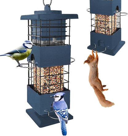 Squirrel Proof Bird Feeder,3lb Bird Feeders for Outdoors Hanging, Metal Birds Feeder with 4 Feeding Ports, Wild Birds Feeder for Cardinal, Finch, Sparrow (Blue)