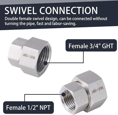 2 Pcs Stainless Steel Garden Hose Fittings Connectors Adapter,3/4" GHT to 1/2" NPT Repair Female to Female Double dual water hose connector, Lead-Free (Pack of 2)