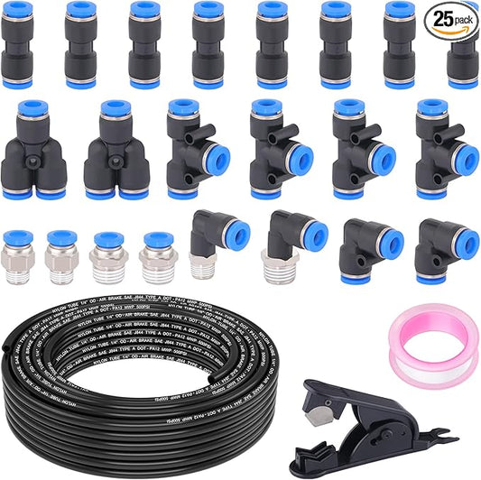 1/4" DOT Air Line with 24 Pcs Quick Connect Air Fittings Kit 50FT 1/4 DOT Air Lines with Push Lock Air Line Fittings Pneumatic Push to Connect Air Hose Fittings