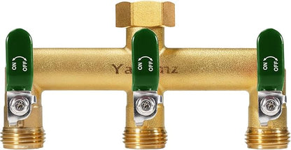 Garden Hose Splitter, 3/4” Rust and Freeze Resistant Outdoor Hose Manifold with 3 green Extra Long Handles Faucet Adapter-Heavy Duty Brass 3-Way Valve