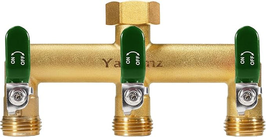 Garden Hose Splitter, 3/4” Rust and Freeze Resistant Outdoor Hose Manifold with 3 green Extra Long Handles Faucet Adapter-Heavy Duty Brass 3-Way Valve
